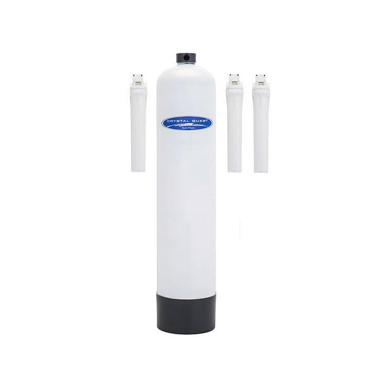 Fiberglass salt-free water conditioner tank next to its three white filter housings
