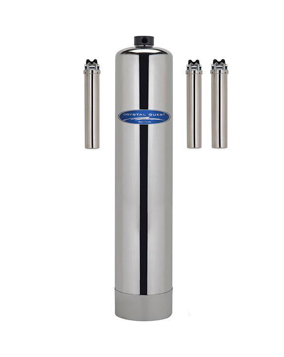 Stainless steel salt-free water conditioner tank with three stainless steel filter housings