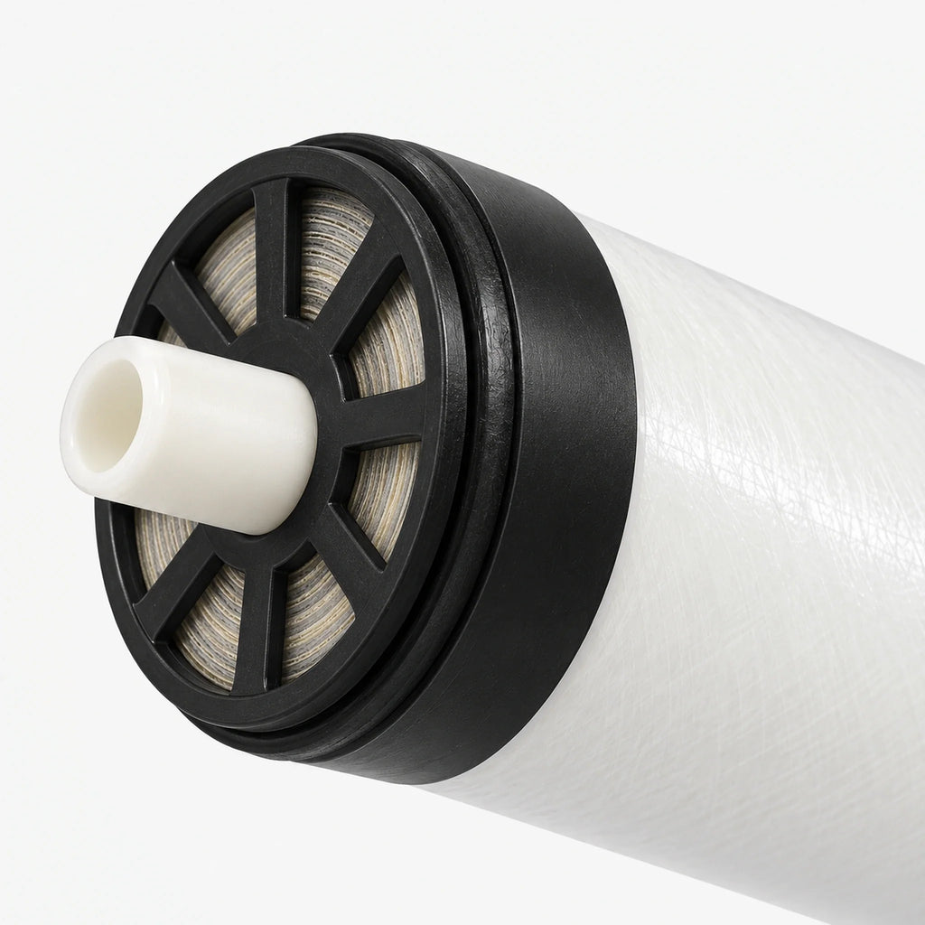 Close-up of the end cap and permeate tube of the 2.5" x 14" RO membrane