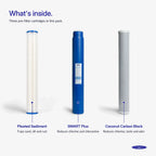 What's inside the prefilter pack: pleated sediment, SMART Plus and coconut carbon block cartridges