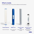 What's inside the 200 or 300 GPD complete pack: three prefilters and one 2.5" x 14" RO membrane