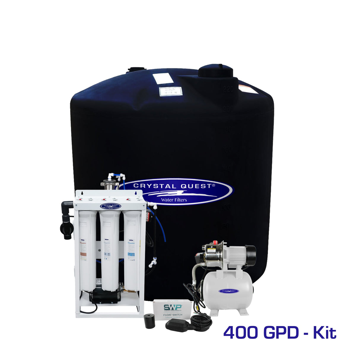 Crystal Quest whole house reverse osmosis system 400 GPD with 220 gallon storage tank kit, brass rotary pump