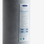 Carbon block filter cartridge label with pressure range and replacement steps