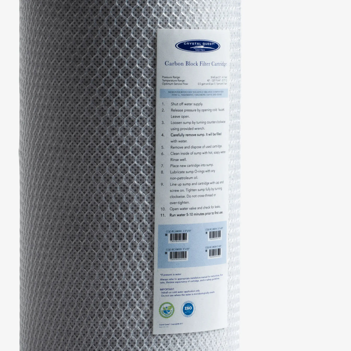 Carbon block filter cartridge label with pressure range and replacement steps