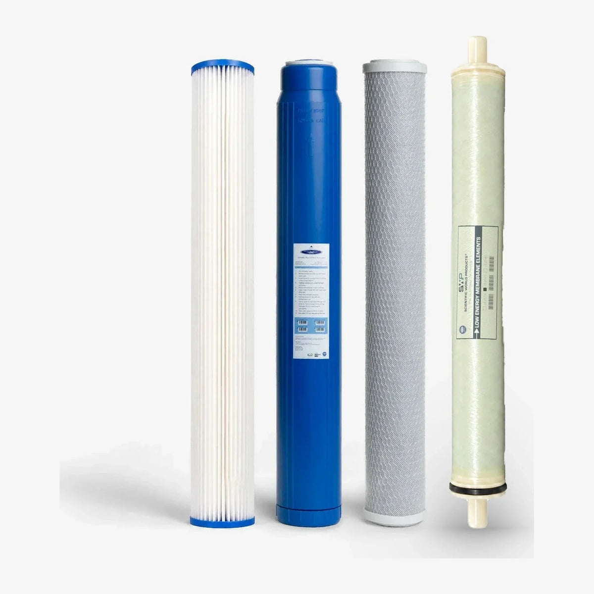 Complete replacement pack for 400 GPD whole house RO: three prefilters and a 2.5" x 21" membrane