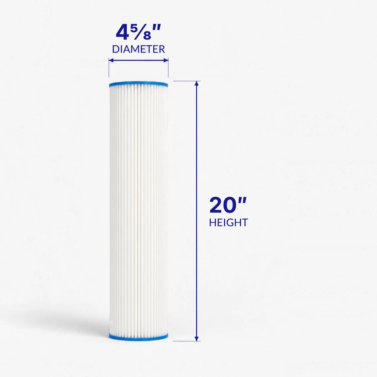 4-5/8 x 20 inch pleated sediment cartridge with diameter and height marked