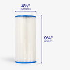 4-5/8 x 9-3/4 inch pleated sediment cartridge with diameter and height marked