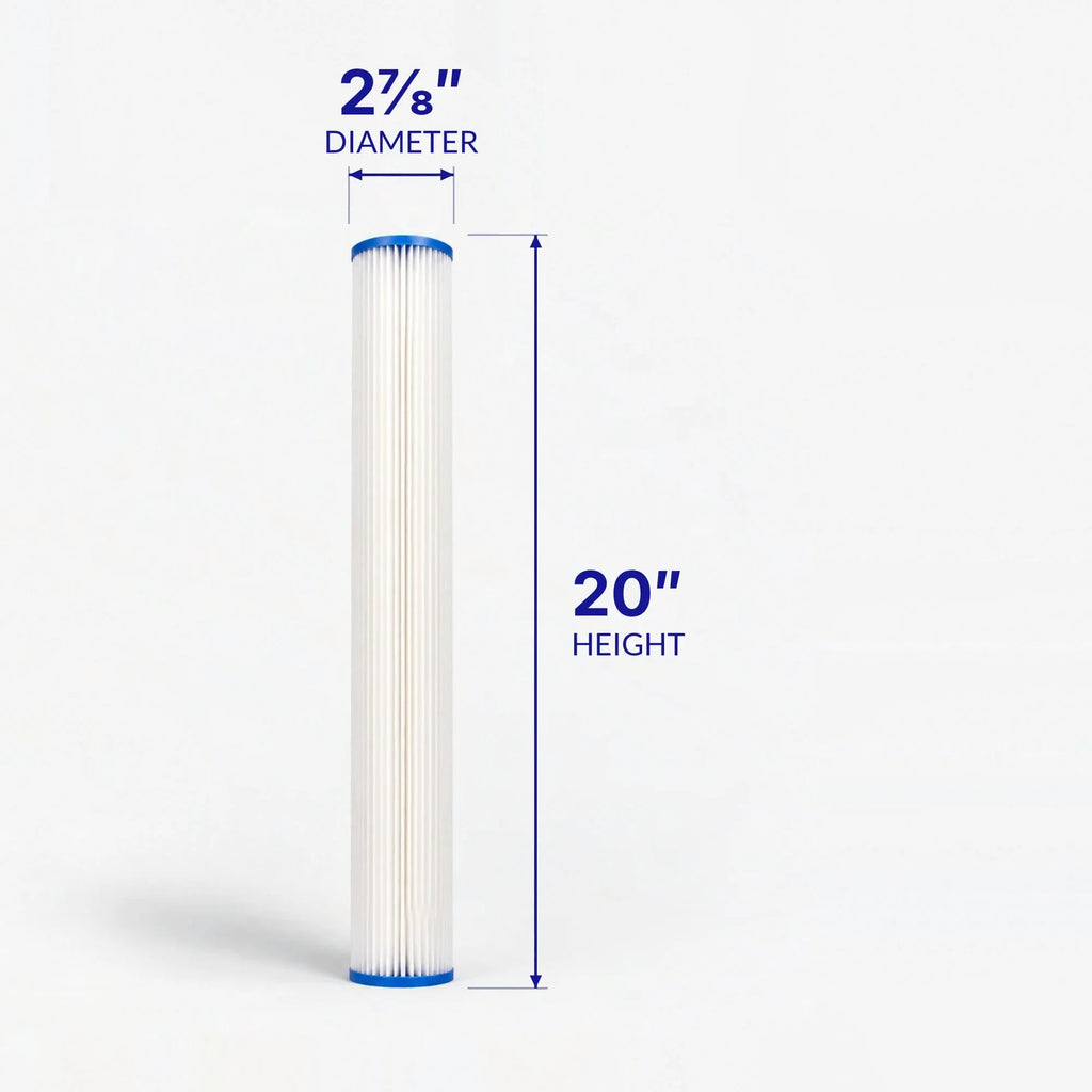 2-7/8 x 20 inch pleated sediment cartridge with diameter and height marked