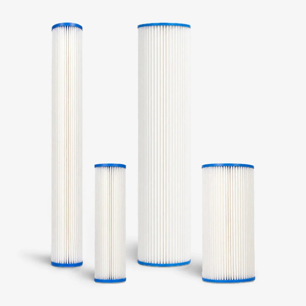 Pleated sediment filter cartridges in all four sizes side by side