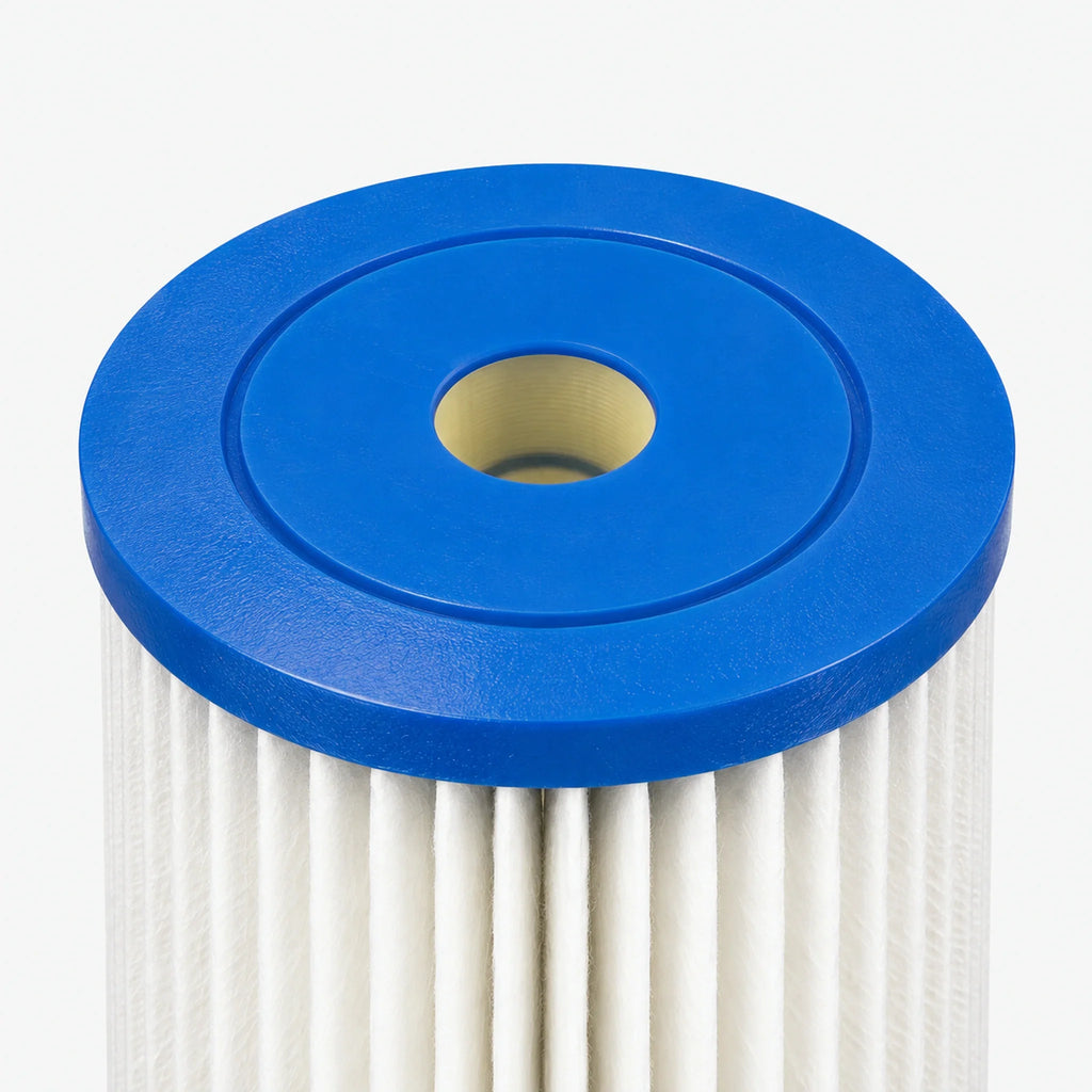 Angled view of the 4-5/8 inch pleated sediment cartridge end cap