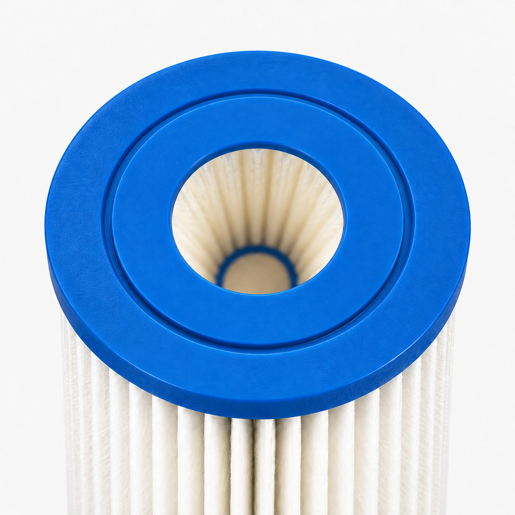 Top of the pleated sediment cartridge showing the end cap opening and folded media