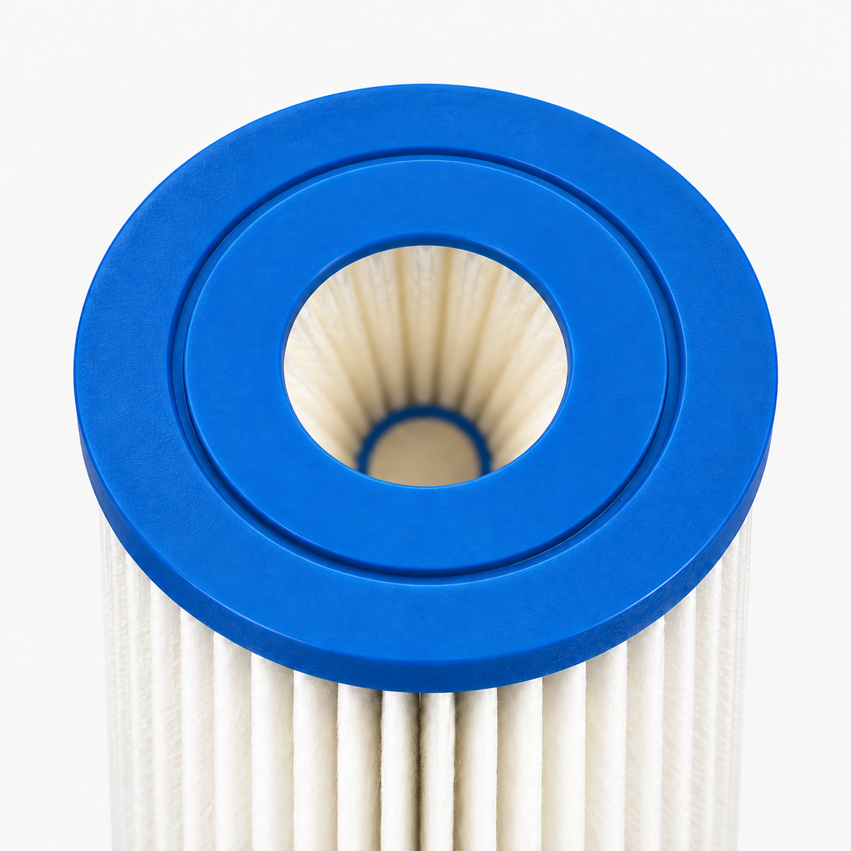 Top of the pleated sediment cartridge showing the end cap opening and folded media