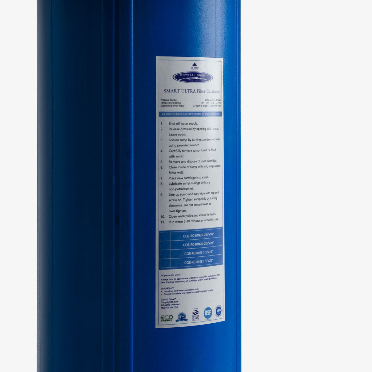 SMART filter cartridge label showing size, SMART level and part number
