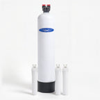 Crystal Quest whole house salt-free water conditioner with fiberglass tank and three filter housings