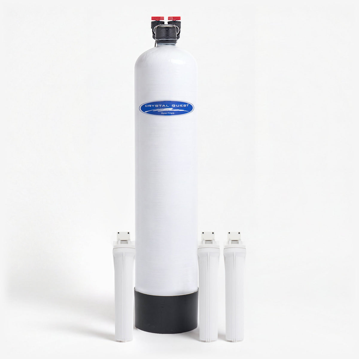 Crystal Quest whole house salt-free water conditioner with fiberglass tank and three filter housings