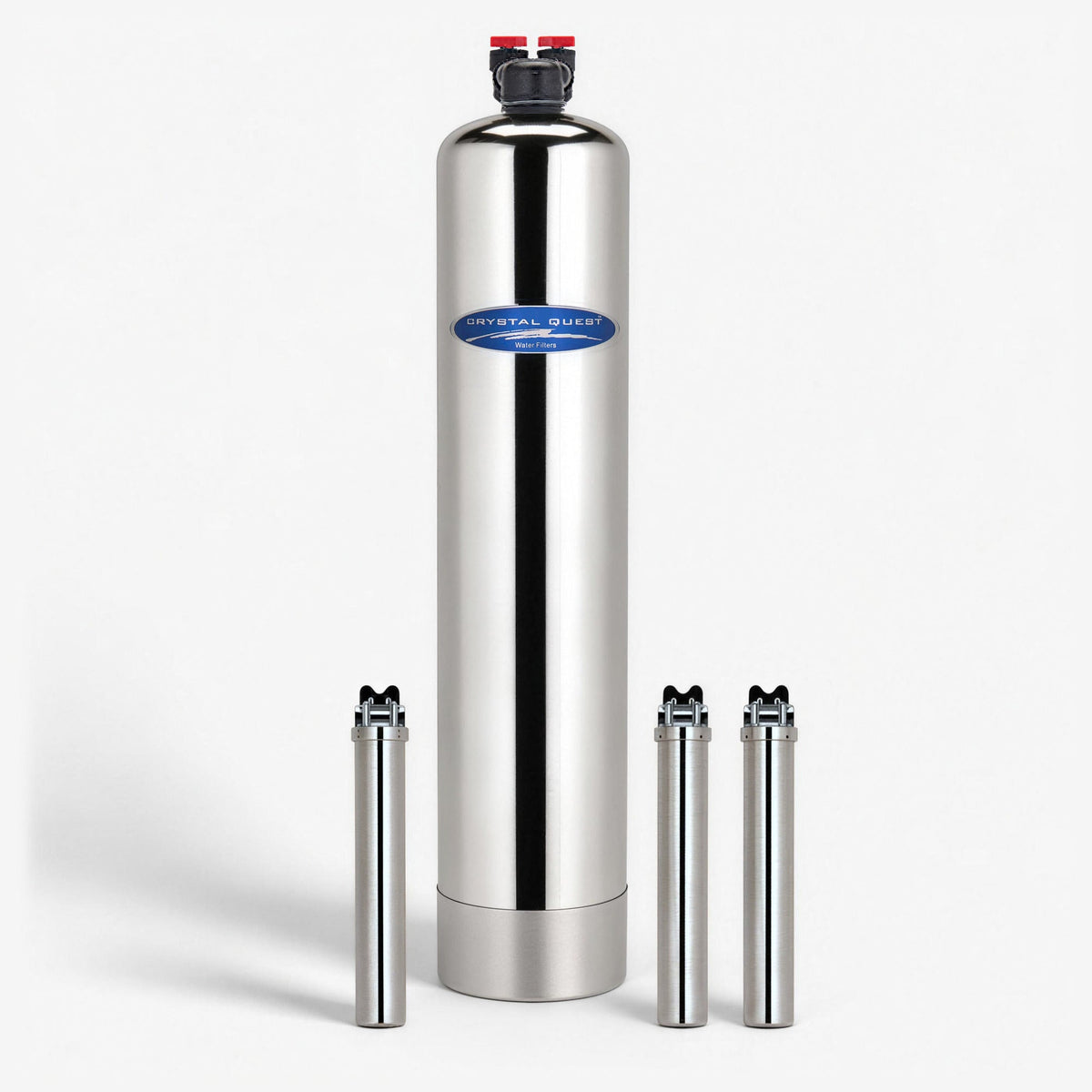 Crystal Quest salt-free water conditioner in stainless steel with sediment, carbon and UF housings